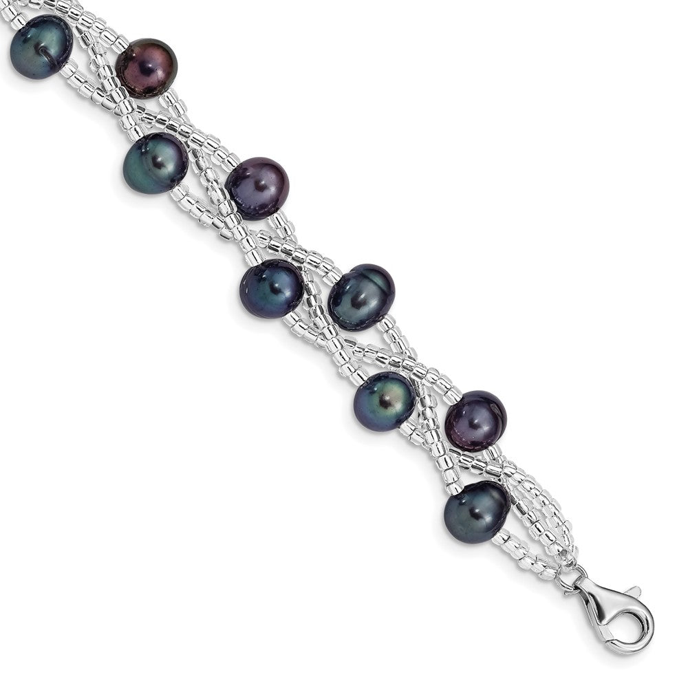 7.5 Zoll Sterlingsilber Rhd-plt 7-9mm Schwarz Fwc Perle & Glas Gekugelt Armband