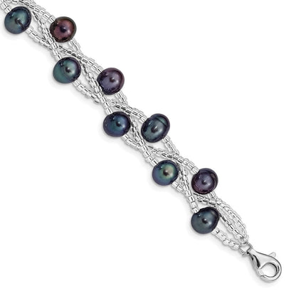 7.5 Zoll Sterlingsilber Rhd-plt 7-9mm Schwarz Fwc Perle & Glas Gekugelt Armband