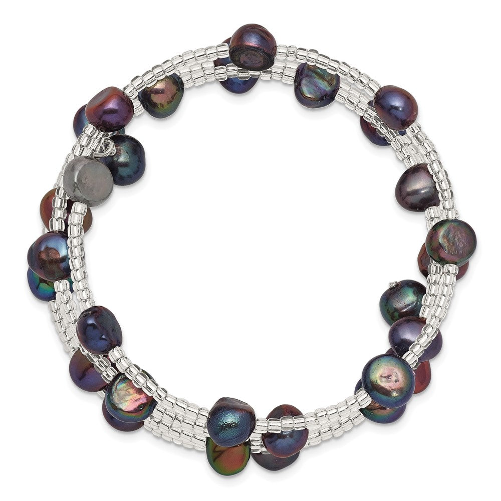 Mode 7-8mm Schwarz Süßwasser Zuchtperle und Glas Gekugelt Spirale Schieber-on Armreif