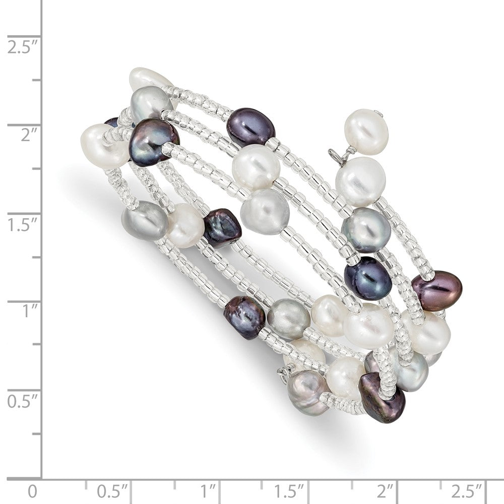 Mode 7-8mm Schwarz/grey/white Süßwasser Zuchtperle und Glas Gekugelt 3-row Spirale Schieber-on Armreif