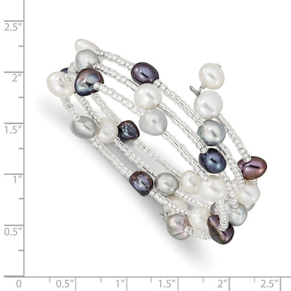 Mode 7-8mm Schwarz/grey/white Süßwasser Zuchtperle und Glas Gekugelt 3-row Spirale Schieber-on Armreif