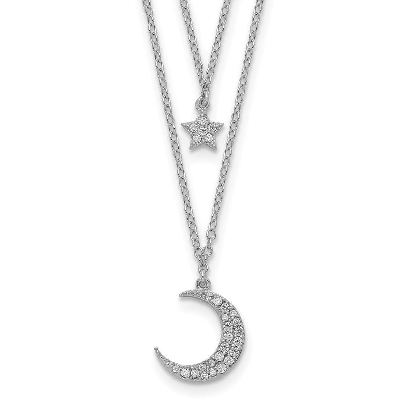 Sterlingsilber Rhodiniert Zirkonia Stern und Mond 2 Zoll Verlängerung 2-strand Halskette