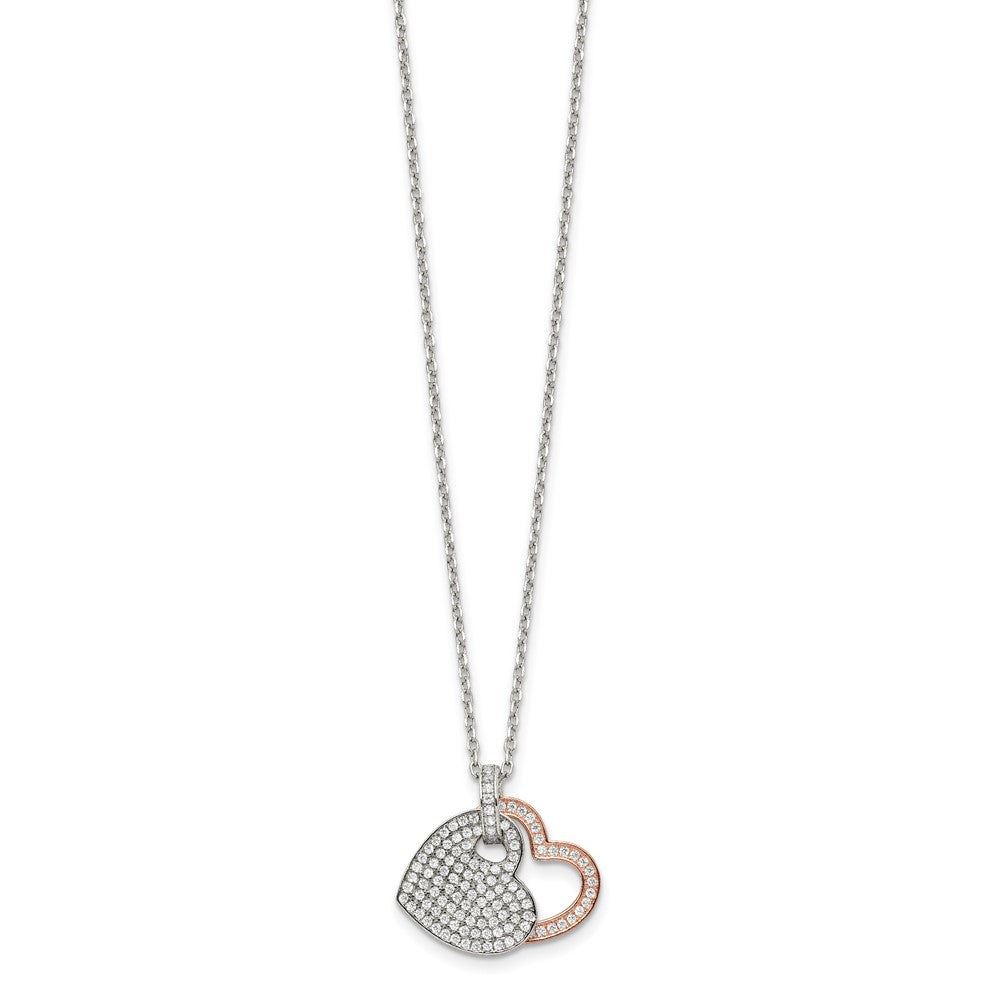 Sterlingsilber und Roséfarben Zirkonia Herzen mit 2 Zoll Verlängerung. Halskette