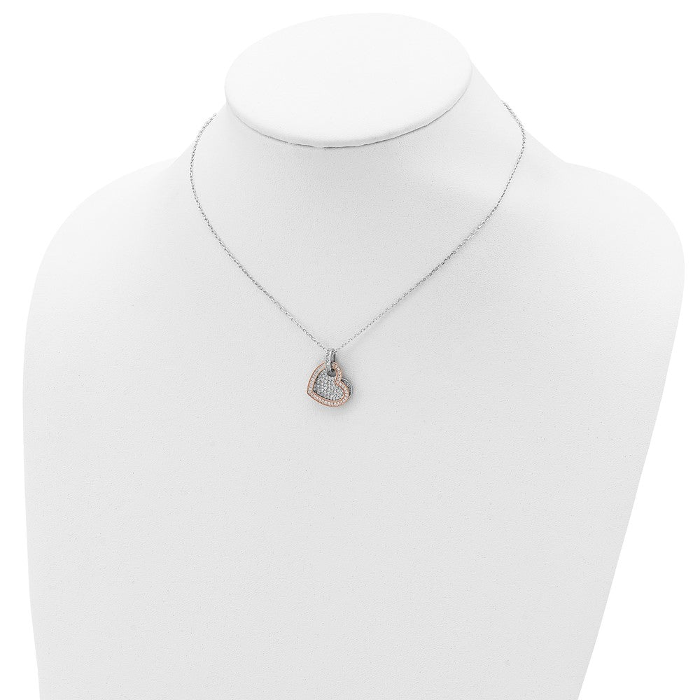 Sterlingsilber und Roséfarben Zirkonia Herzen mit 2 Zoll Verlängerung. Halskette