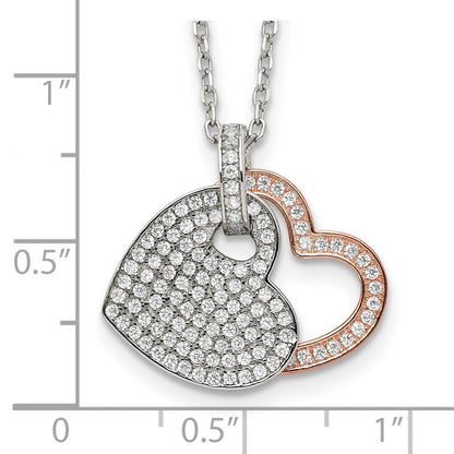 Sterlingsilber und Roséfarben Zirkonia Herzen mit 2 Zoll Verlängerung. Halskette