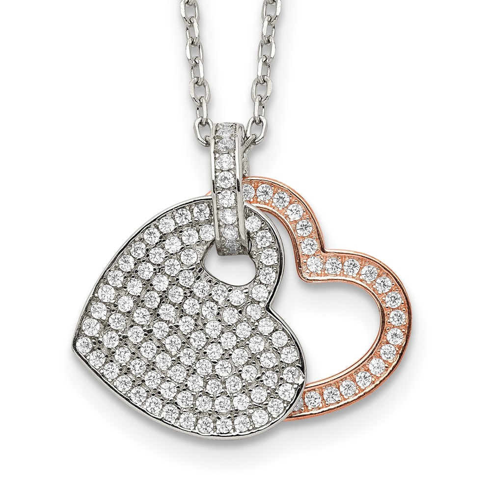 Sterlingsilber und Roséfarben Zirkonia Herzen mit 2 Zoll Verlängerung. Halskette