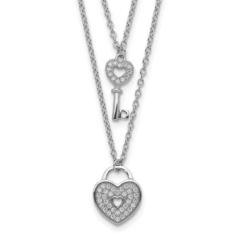 Sterlingsilber Rhodiniert Zirkonia Herz Schloss/key mit 2 Zoll Verlängerung Halskette