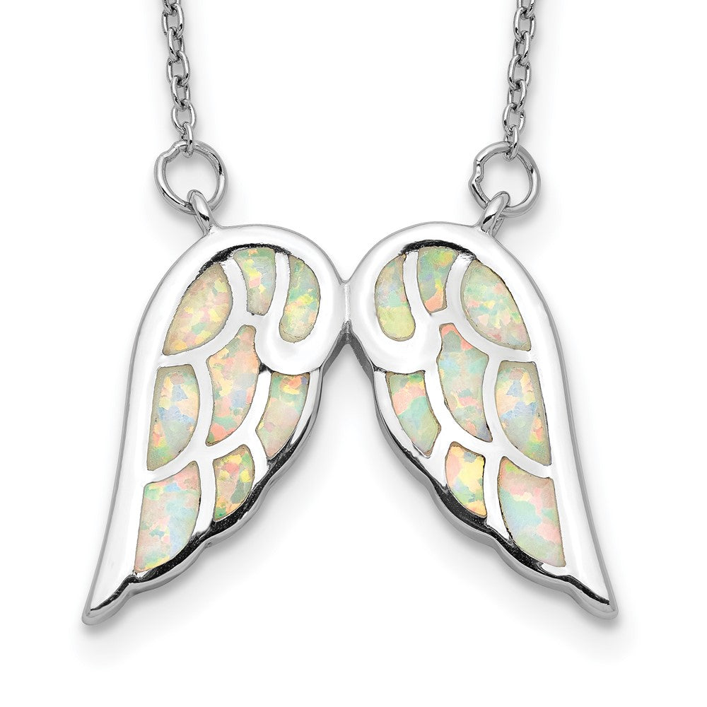 Sterlingsilber Rhodiniert Erzeugt Opal Flügel mit 1.5 Zoll Verlängerung Halskette