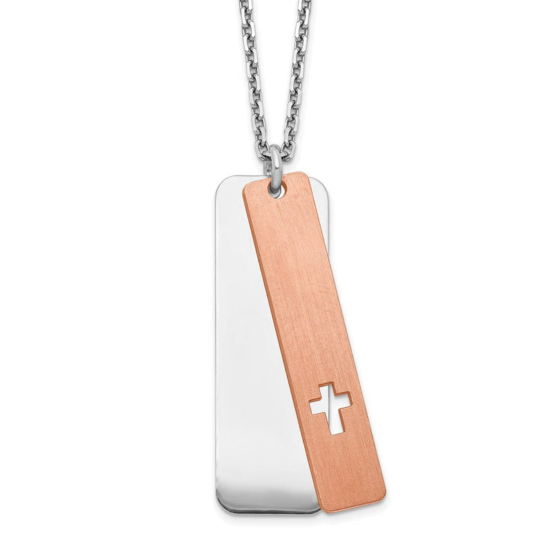 Sterlingsilber Rhodiniert Dogtag mit Roséfarben Kreuz mit 1.25 Zoll Verlängerung Halskette