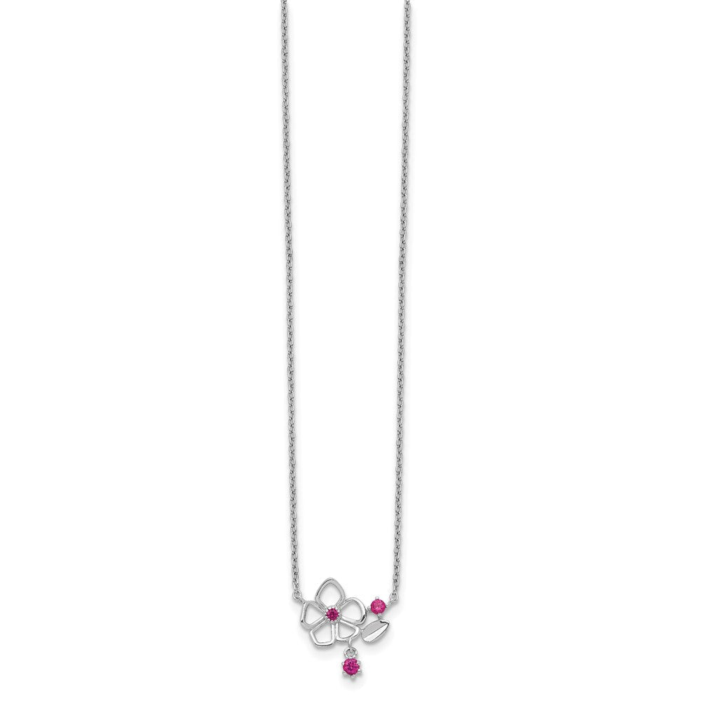 Sterlingsilber Rhodiniert Rosa Zirkonia Blume mit 2 Zoll. Verlängerung. Halskette