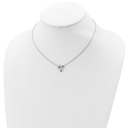 Sterlingsilber Rhodiniert Rosa Zirkonia Blume mit 2 Zoll. Verlängerung. Halskette