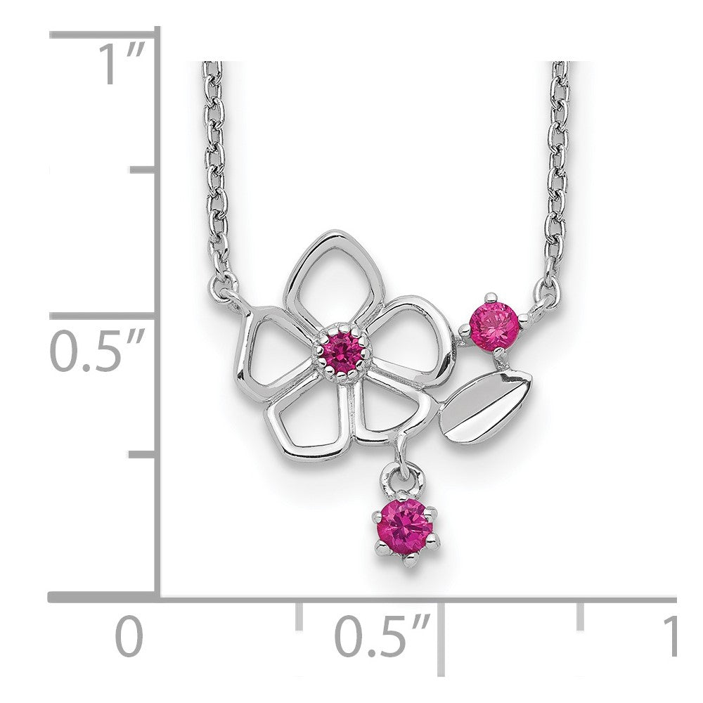 Sterlingsilber Rhodiniert Rosa Zirkonia Blume mit 2 Zoll. Verlängerung. Halskette