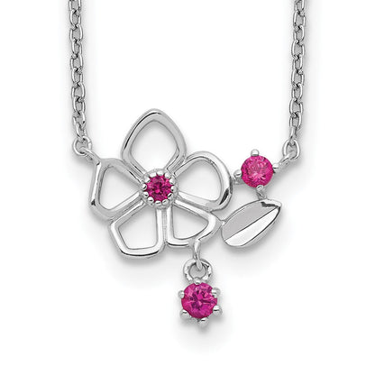 Sterlingsilber Rhodiniert Rosa Zirkonia Blume mit 2 Zoll. Verlängerung. Halskette