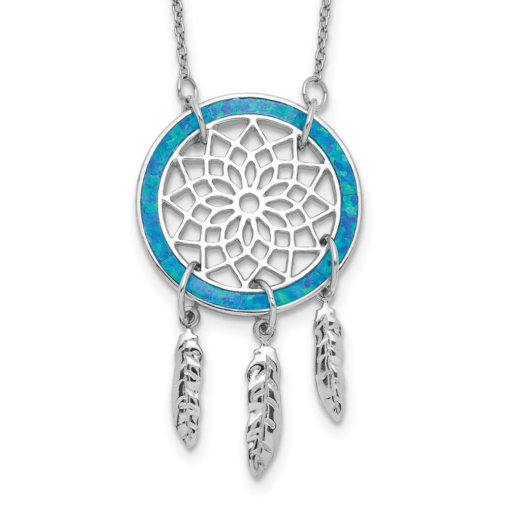 Sterlingsilber Rhodiniert Erzeugt Opal Dreamcatcher mit 2 Zoll Verlängerung Halskette