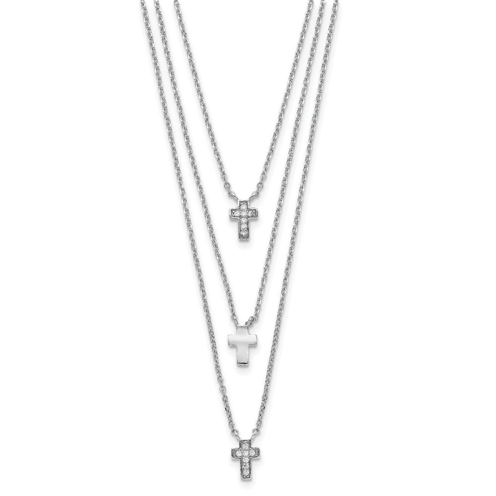Sterlingsilber Rhodiniert Drei Strang Zirkonia Kreuz Halskette