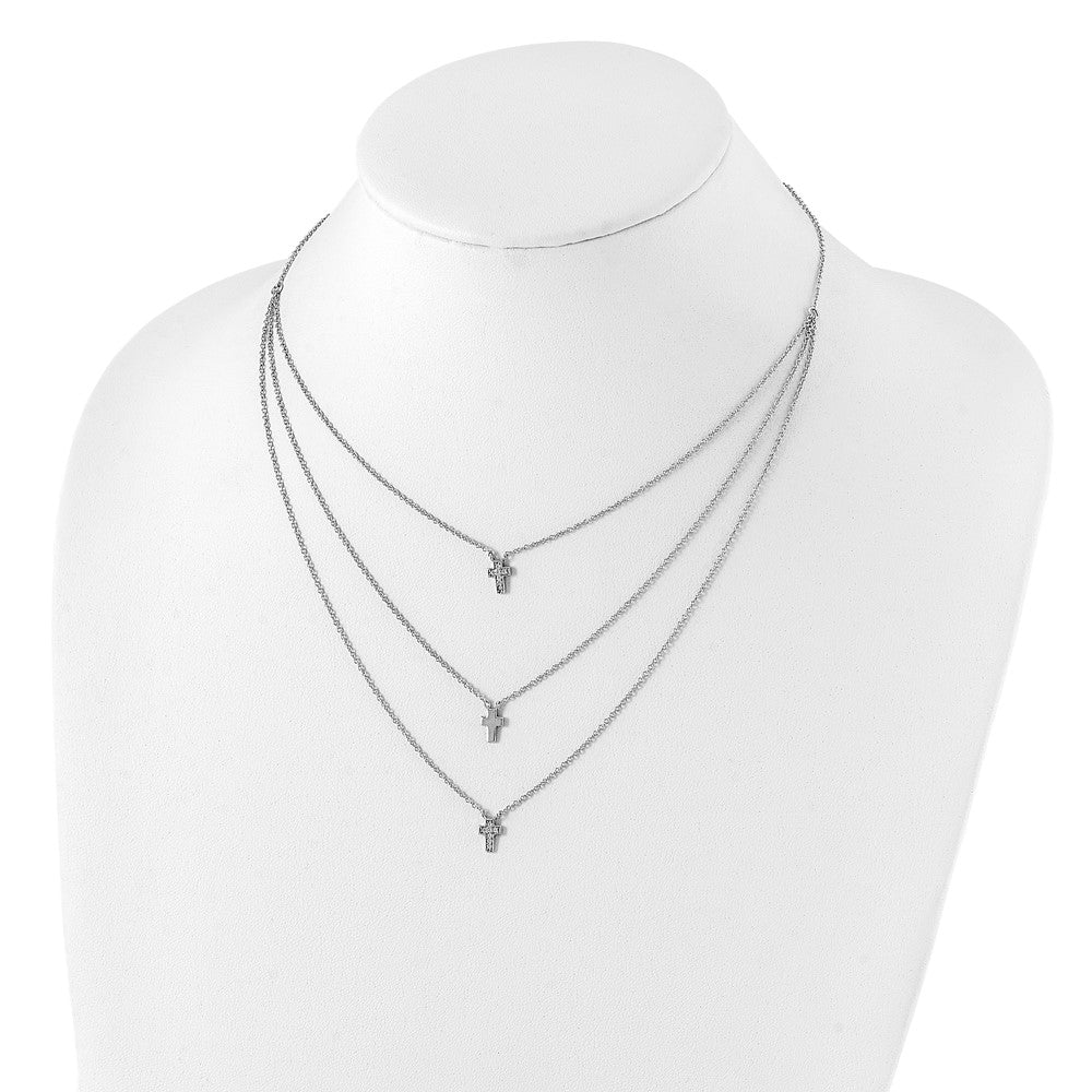 Sterlingsilber Rhodiniert Drei Strang Zirkonia Kreuz Halskette