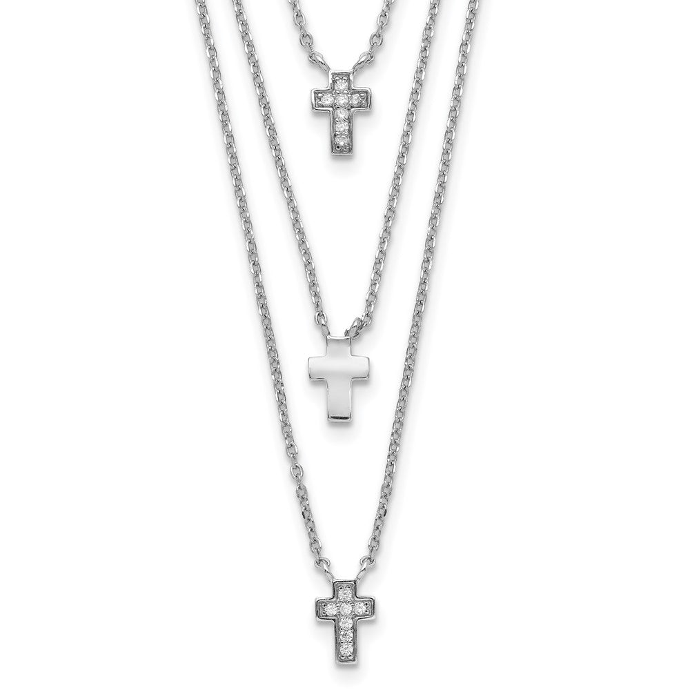 Sterlingsilber Rhodiniert Drei Strang Zirkonia Kreuz Halskette
