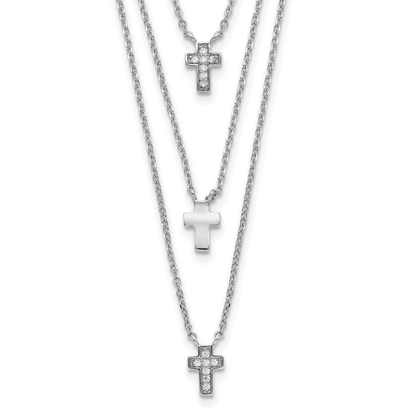 Sterlingsilber Rhodiniert Drei Strang Zirkonia Kreuz Halskette