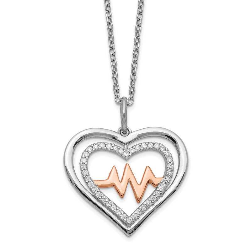 Sterlingsilber Rhodiniert Roséfarben Zirkonia Heartbeat mit 2 Zoll Verlängerung Halskette
