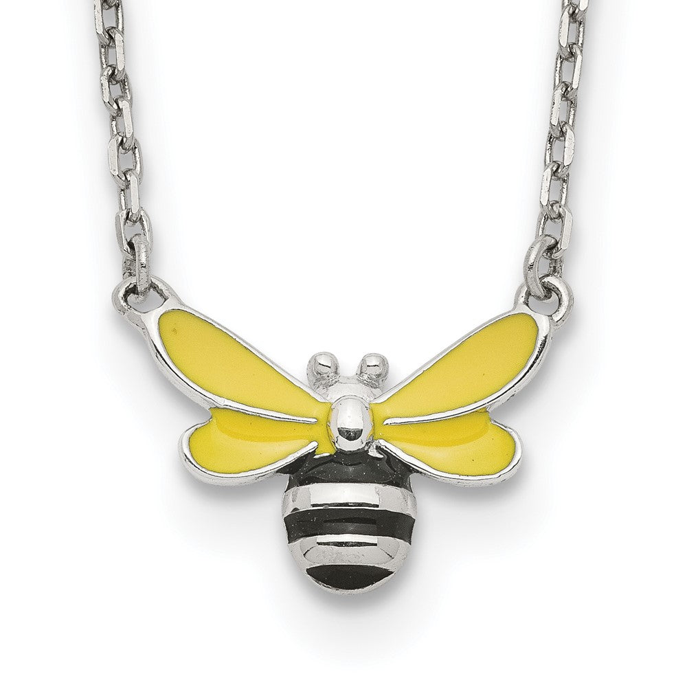 Sterlingsilber Poliert Gelb & Schwarz Emailliert Bumblebee mit 2 Zoll Verlängerung Kinder Halskette