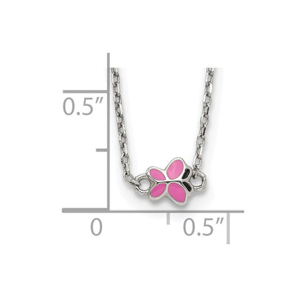 Sterlingsilber Poliert Rosa & Schwarz Emailliert Schmetterling mit 2 Zoll Verlängerung Kinder Halskette