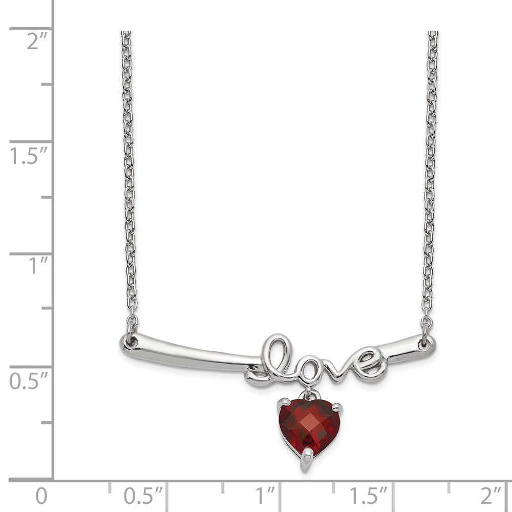 Sterlingsilber Rhod-plat Herz Granat Liebe mit 2.25 Zoll Verlängerung. Halskette