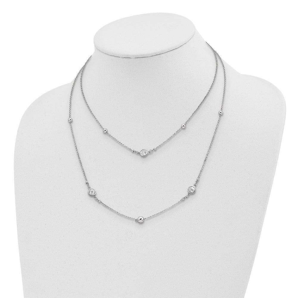 Sterlingsilber Rhodiniert Zirkonia/beaded 2-strand mit 1 Zoll Verlängerung. Halskette