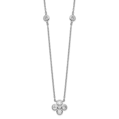 Sterlingsilber Rhodiniert Poliert Zirkonia Blume mit 2 Zoll Verlängerung. Halskette