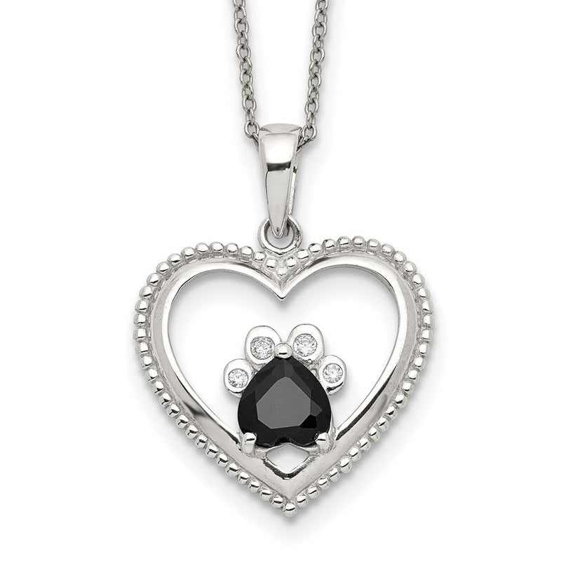 Sterlingsilber Schwarz und Weiß Zirkonia Herz mit Paw Druck 18 Zoll Halskette