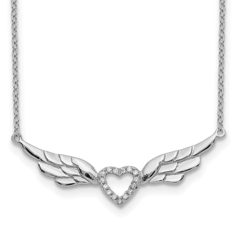 Sterlingsilber Rhodiniert Zirkonia Herz mit Flügel 16 Zoll Halskette 1 Verlängerung
