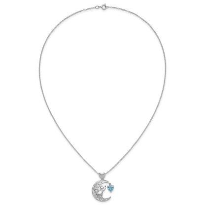 Sterlingsilber Blau und Klar Zirkonia Katze Mond Halskette