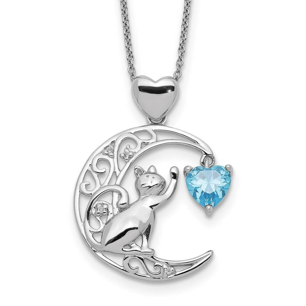 Sterlingsilber Blau und Klar Zirkonia Katze Mond Halskette
