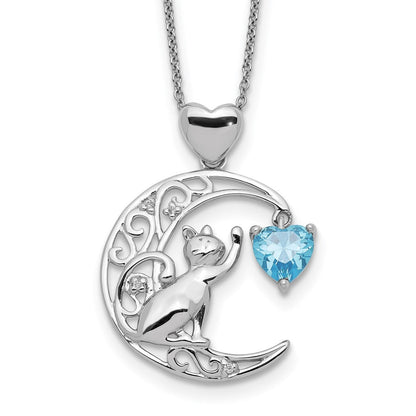 Sterlingsilber Blau und Klar Zirkonia Katze Mond Halskette