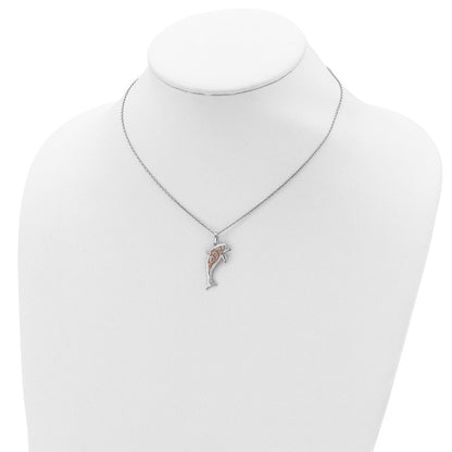 Sterlingsilber Roséfarben Diamantiert Delfin mit 2 Zoll Verlängerung. Halskette