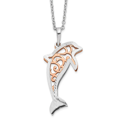 Sterlingsilber Roséfarben Diamantiert Delfin mit 2 Zoll Verlängerung. Halskette
