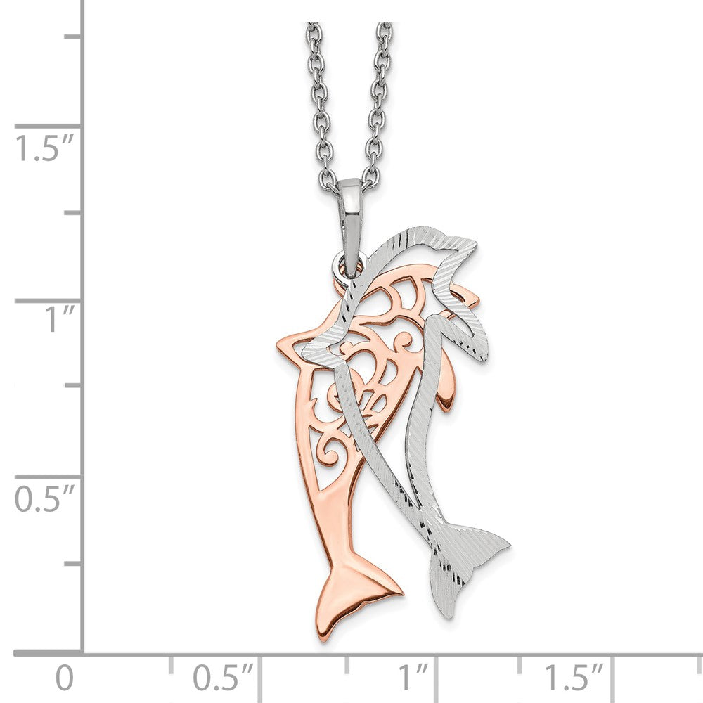 Sterlingsilber Roséfarben Diamantiert Delfin mit 2 Zoll Verlängerung. Halskette