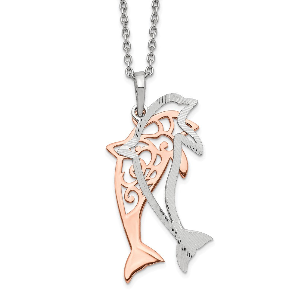 Sterlingsilber Roséfarben Diamantiert Delfin mit 2 Zoll Verlängerung. Halskette
