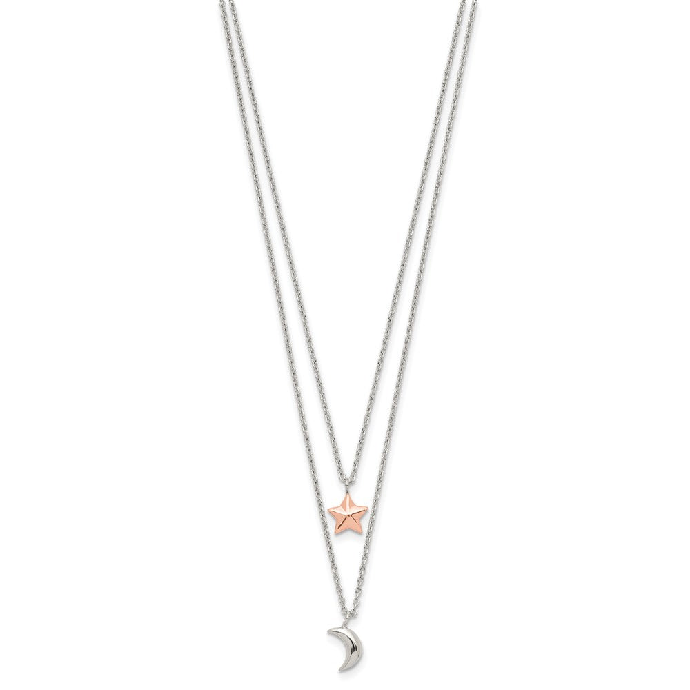 Sterlingsilber Roséfarben 2-strand Mond und Stern mit 1 Zoll Verlängerung Halskette