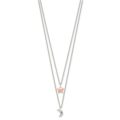 Sterlingsilber Roséfarben 2-strand Mond und Stern mit 1 Zoll Verlängerung Halskette