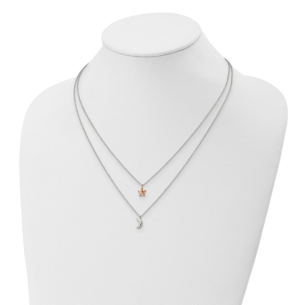 Sterlingsilber Roséfarben 2-strand Mond und Stern mit 1 Zoll Verlängerung Halskette