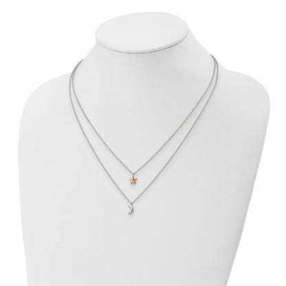 Sterlingsilber Roséfarben 2-strand Mond und Stern mit 1 Zoll Verlängerung Halskette