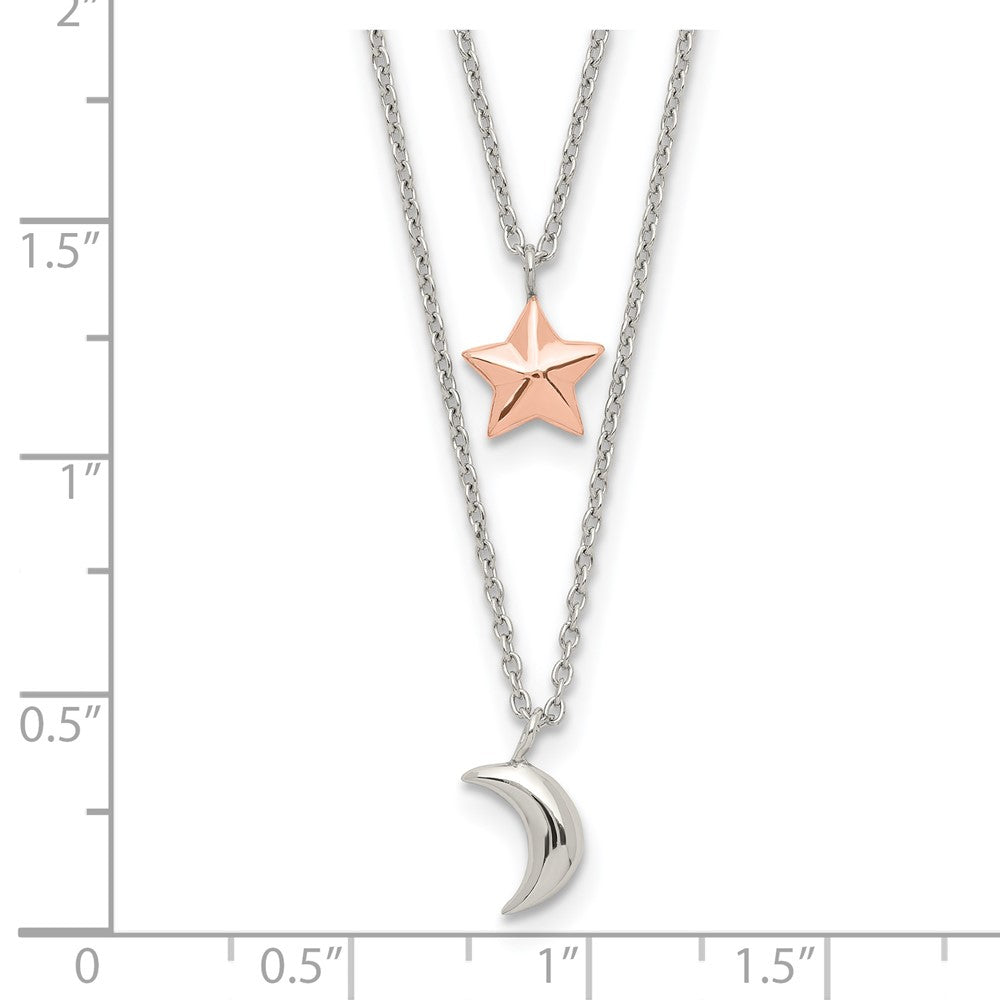 Sterlingsilber Roséfarben 2-strand Mond und Stern mit 1 Zoll Verlängerung Halskette