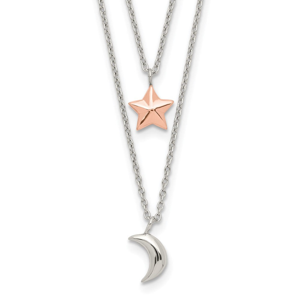 Sterlingsilber Roséfarben 2-strand Mond und Stern mit 1 Zoll Verlängerung Halskette