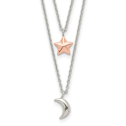 Sterlingsilber Roséfarben 2-strand Mond und Stern mit 1 Zoll Verlängerung Halskette