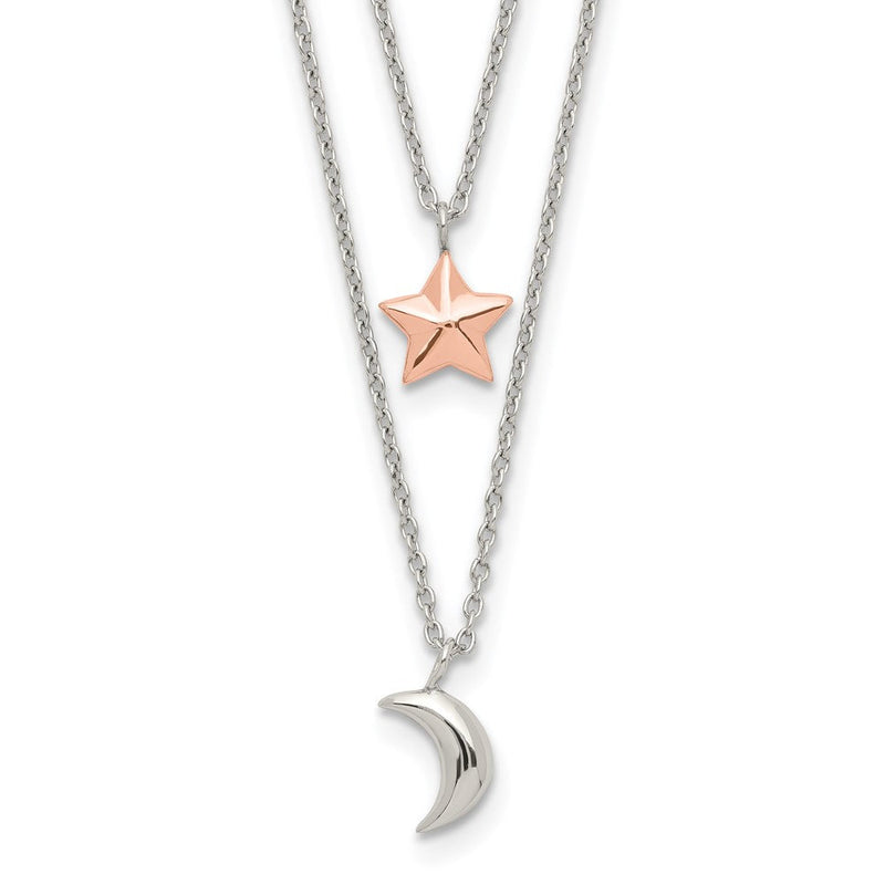 Sterlingsilber Roséfarben 2-strand Mond und Stern mit 1 Zoll Verlängerung Halskette