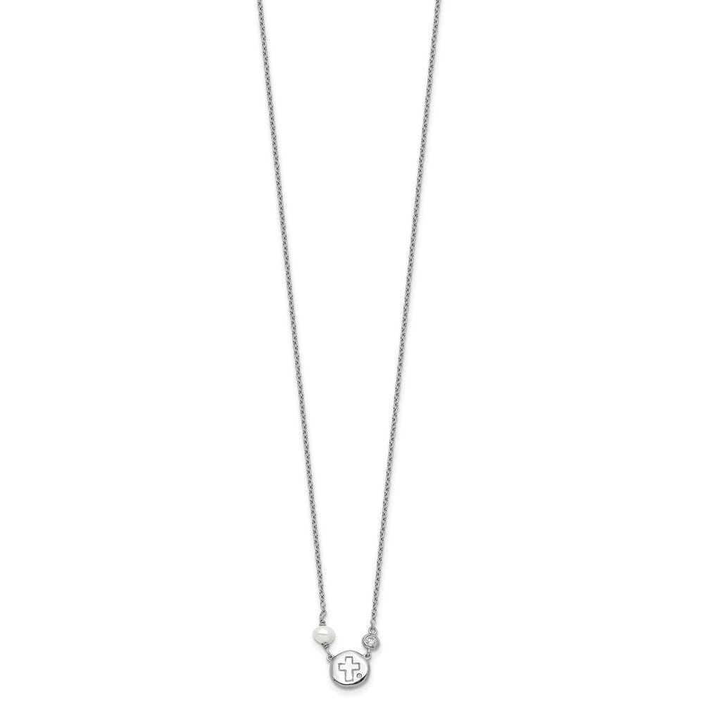 Sterlingsilber Rhodiniert Zirkonia/cross/fwc Perle mit 2 Zoll Verlängerung Halskette