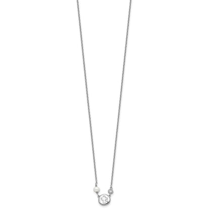 Sterlingsilber Rhodiniert Zirkonia/cross/fwc Perle mit 2 Zoll Verlängerung Halskette