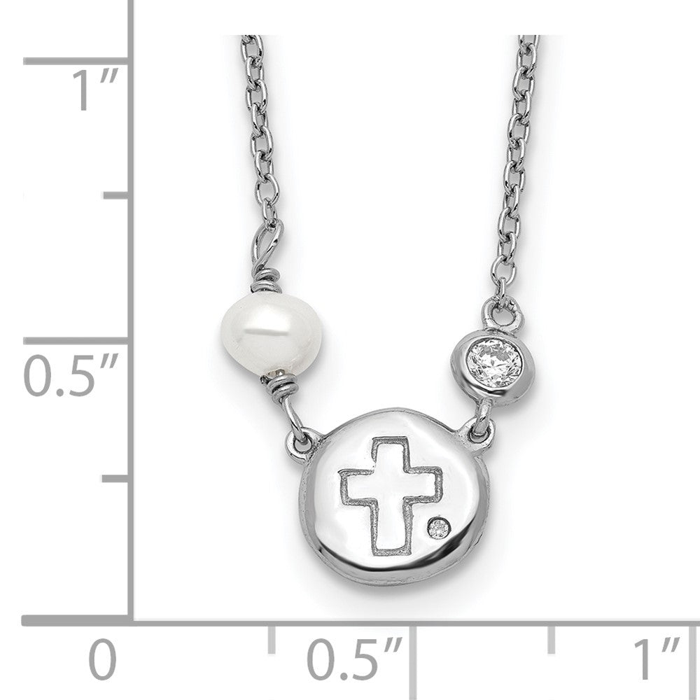 Sterlingsilber Rhodiniert Zirkonia/cross/fwc Perle mit 2 Zoll Verlängerung Halskette