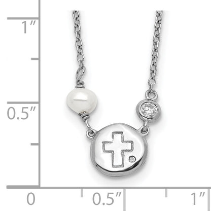 Sterlingsilber Rhodiniert Zirkonia/cross/fwc Perle mit 2 Zoll Verlängerung Halskette