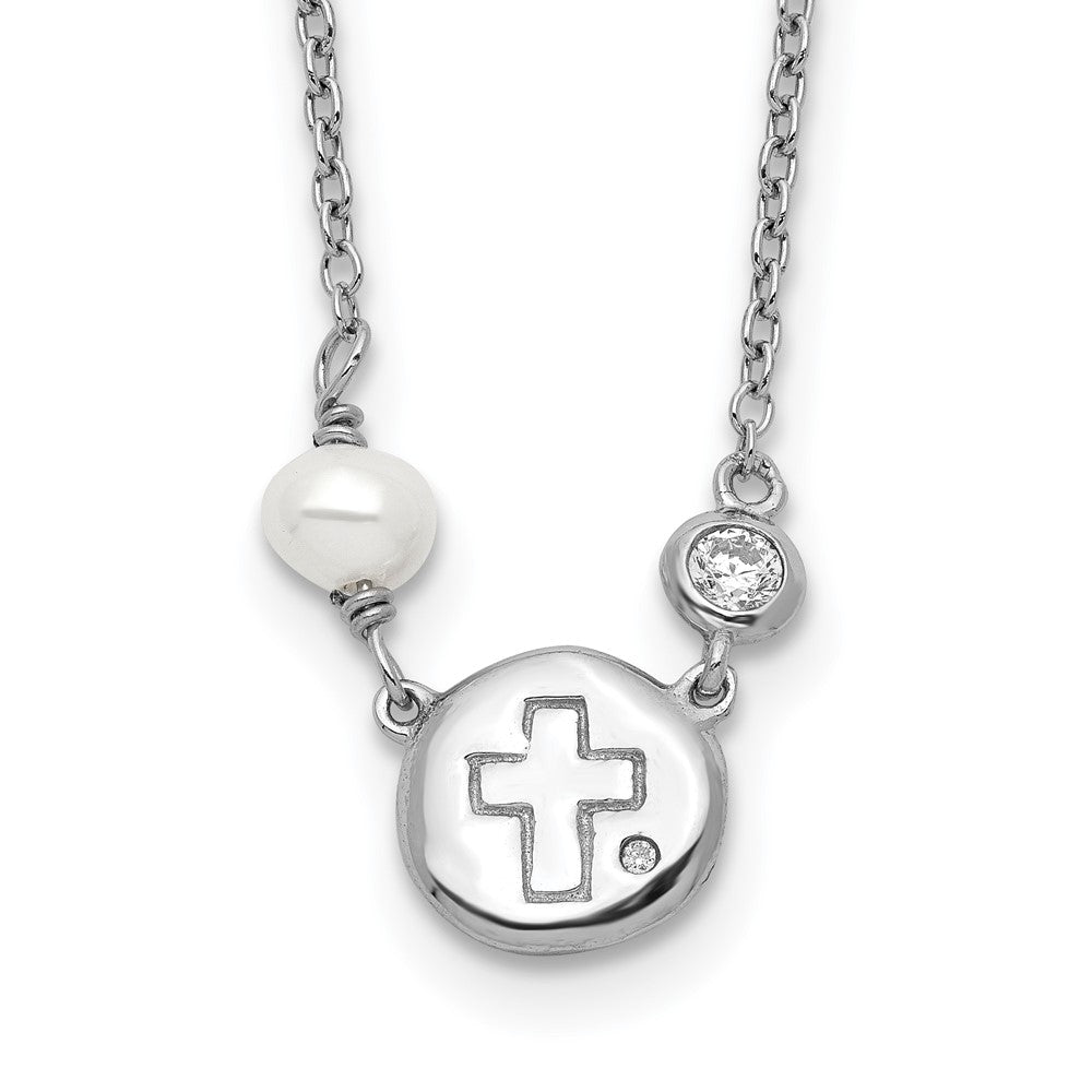 Sterlingsilber Rhodiniert Zirkonia/cross/fwc Perle mit 2 Zoll Verlängerung Halskette